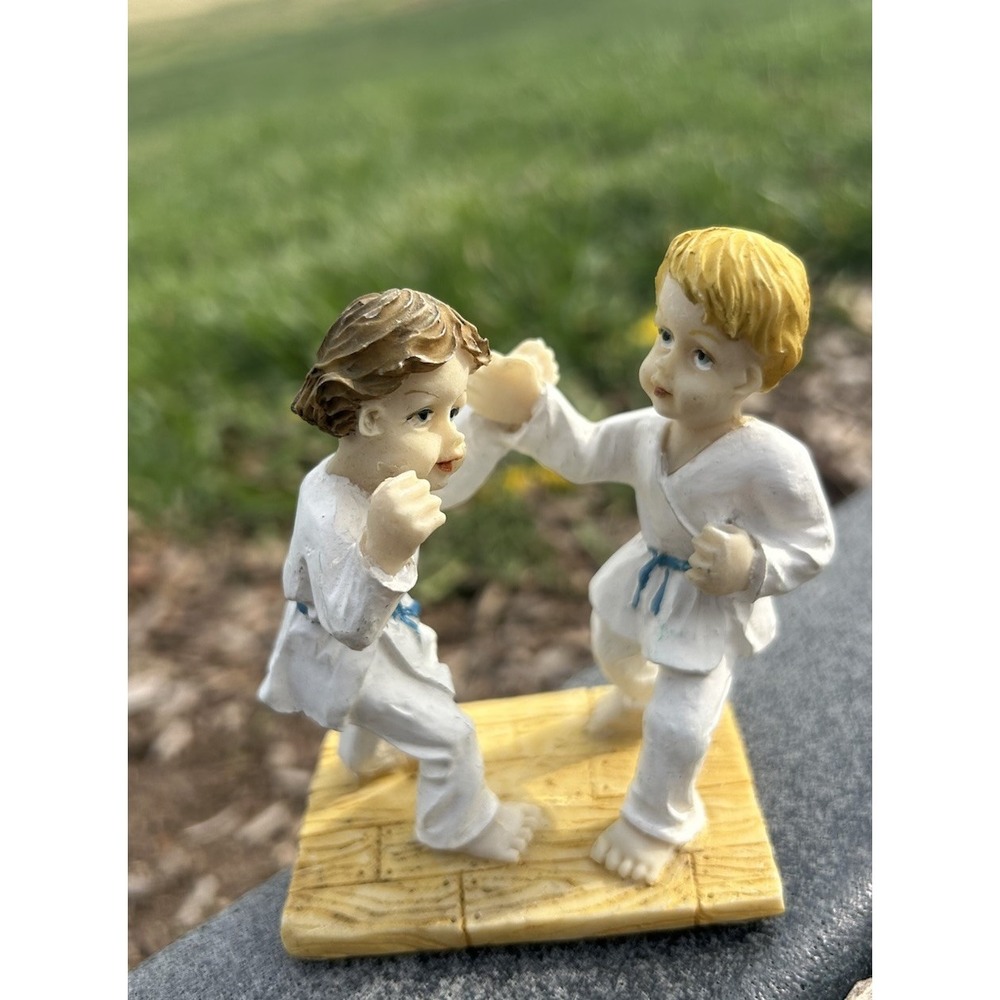 Two Children Karate Resin Figure 3" Blue Belt Kicking
